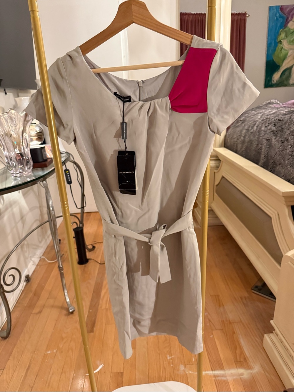 Emporio Armani Cream Mini Dress with Pink Shoulder Accent